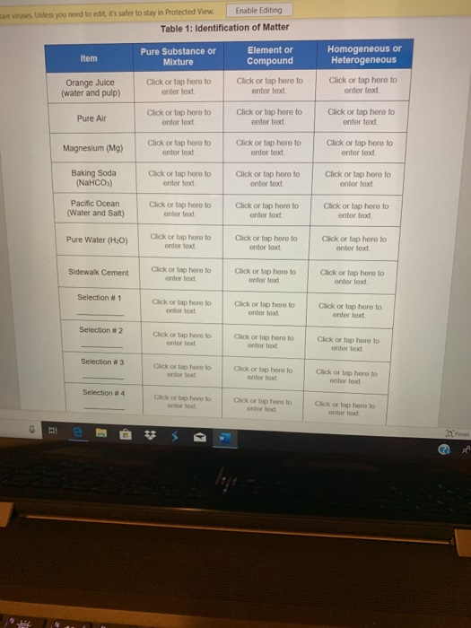 tain viruses. Unless you need to edit, its safer to stay in Protected View Enable Editing Table 1: Identification of Matter