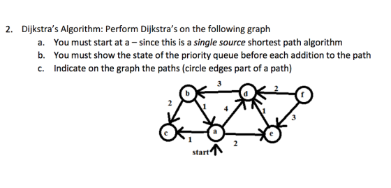 2. Dijkstras Algorithm: Perform Dijkstras on the following graph a. You must start at a since this is a single source shortest path algorithm b. You must show the state of the priority queue before each addition to the path c. Indicate on the graph the paths (circle edges part of a path) a start