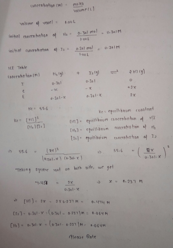 Concentation (M) = M6les volume (L Volume el venel= 1.00L initial concentn thon O.301 mo O.30/M Ha = 1-00L inital concentrati