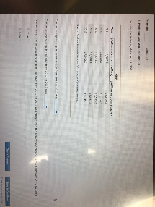 Attempts: Score: /3 8. Problems and Applications Q8 GDP Year 2011 2012 2013 2014 2015 (Billions of current dollars) 15,517.9 16,155.3 16,663.2 17,348.1 17,942.9 (Billions of 2009 dollars) 15,020.6 15,354.6 15,583.3 15,961.7 16,345.0 Source: National Economic Accounts.U.S. Bureau of Economic Analysis, The percentage change in nominal GDp from 2011 to 2012 was. The percentage change in real GDP from 2011 to 2012 wasY True or False: The percentage change in real GDP from 2011 to 2012 was higher than the percentage change in real GDP from 2012 to 2013. O True False