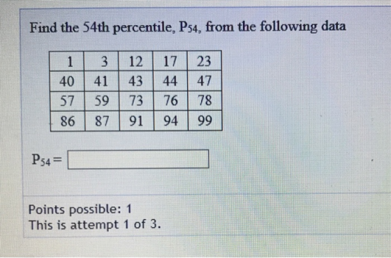 Find the 54th percentile, Ps4, from the following data | 1 3 12 17 | 23 | | 40 | 41 | 43 | 44 | 47 5759 7376 78 86 | 87 | 91