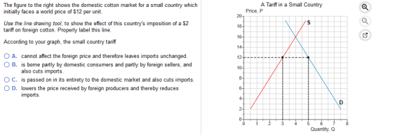The figure to the right shows the domestic cotton market for a small country which A Tariff in a Small Country initially faces a world price of $12 per unit Price, P Use the line drawing tool, to show the effect of this countrys imposition of a $2 18 tariff on foreign cotton. Properly label this line According to your graph, the small country tarif O A. cannot affect the foreign price and therefore leaves imports unchanged 14 O B. is borne partly by domestic consumers and partly by foreign sellers, and also cuts imports ° C. is passed on in its entirety to the domestic market and also cuts imports O D. lowers the price received by foreign producers and thereby reduces imports 2 3 456 Quantity, Q