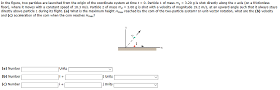 In the figure, two particles are launched from the origin of the coordinate system at time t = 0. Particle 1 of mass m1 = 3.2
