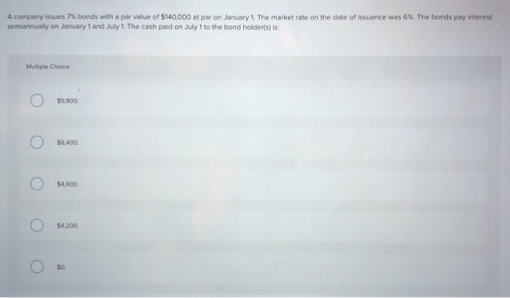 A company issues 7% bonds with a par value of $140,000 at par on January 1. The market rate on the date of issuance was 6%. T