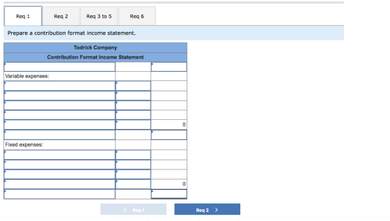 Req 1 Reg 2 Req 3 to 5 Reg 6 Prepare a contribution format income statement. Todrick Company Contribution Format Income State