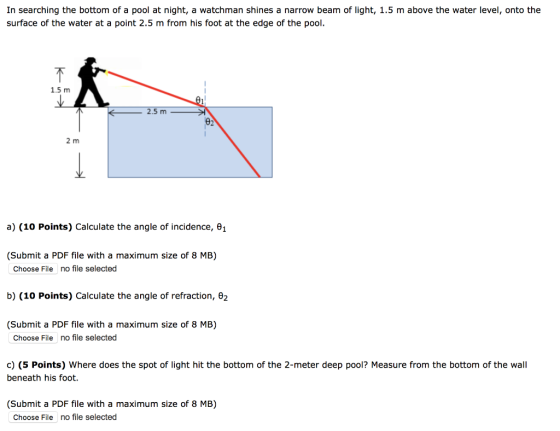 In searching the bottom of a pool at night, a watchman shines a narrow beam of light, 1.5 m above the water level, onto the s