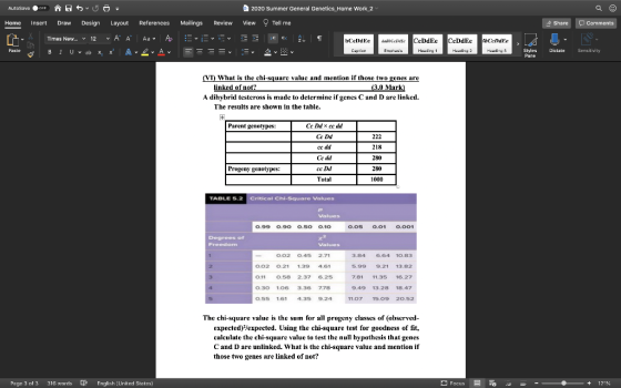 AutoSave OFF $ 2020 Summer General Genetics Home Work 2 a Home Insert Draw Design Layout References Mailings Review View Tell
