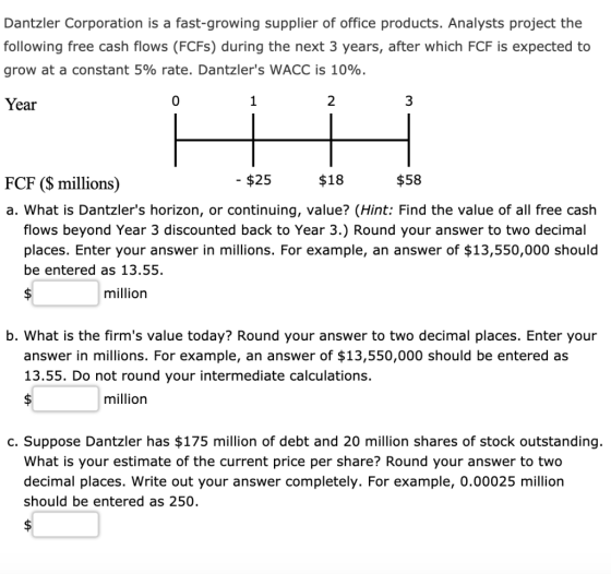 Dantzler Corporation is a fast-growing supplier of office products. Analysts project the following free cash flows (FCFS) dur