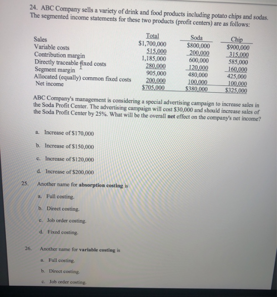 24. ABC Company sells a variety of drink and food products including potato chips and sodas. The segmented income statements