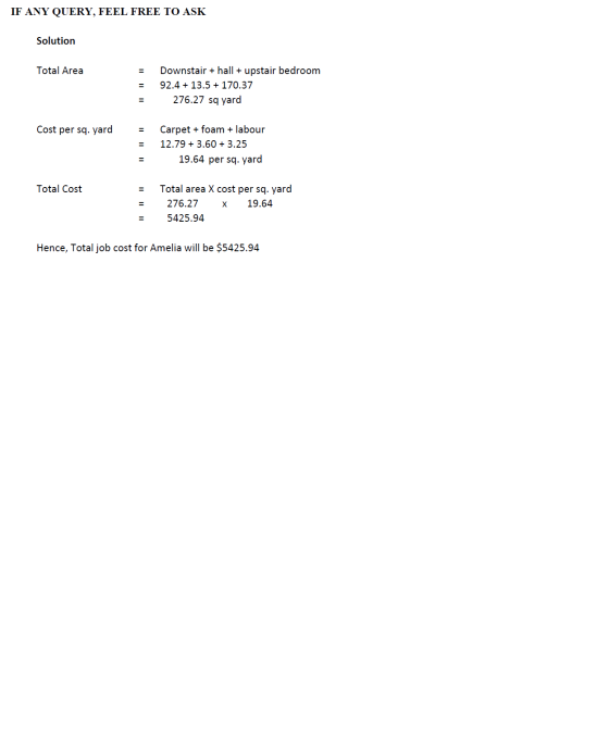 IF ANY QUERY, FEEL FREE TO ASK Solution Total Area Downstair + hall + upstair bedroom 92.4 + 13.5 + 170.37 276.27 sq yard Cos