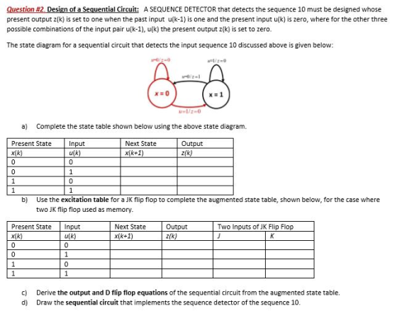 Question #2. Design of a Sequential Circuit: A SEQUENCE DETECTOR that detects the sequence 10 must be designed whose present