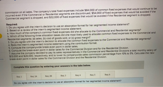 commission on all sales. The companys total fixed expenses include $84,000 of common fixed expenses that would continue to b