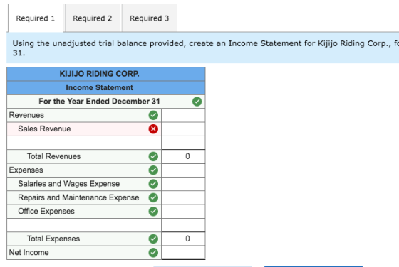 Required 1Required 2 Required 3 Using the unadjusted trial balance provided, create an Income Statement for Kijijo Riding Corp., fo 31. KIJIJO RIDING CORP Income Statement For the Year Ended December 31 Revenues Sales Revenue Total Revenues Expenses Salaries and Wages Expense Repairs and Maintenance Expense Office Expenses Total Expenses Net Income
