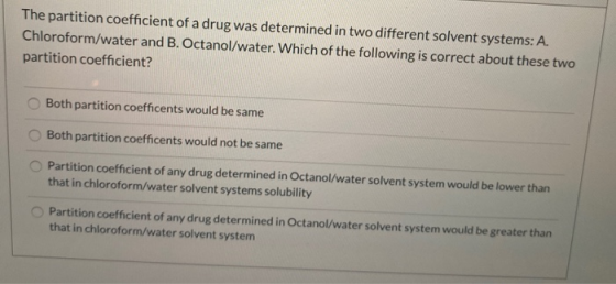 The partition coefficient of a drug was determined in two different solvent systems: A. Chloroform/water and B. Octanol/water