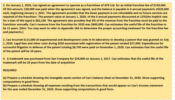 1. On January 1, 2020, Cao signed an agreement to operate as a franchisee of ATK Ltd. for an initial franchise fee of $150,00