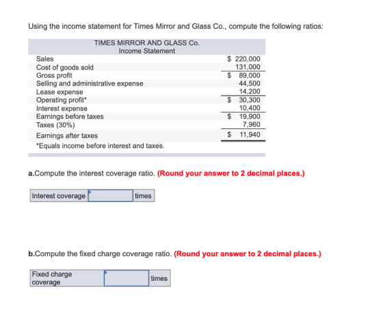 Using the income statement for Times Mirror and Glass Co., compute the following ratios TIMES MIRROR AND GLASS Co Income Statement Sales Cost of goods sold Gross profit Selling and administrative expense Lease expense Operating profit* Interest expense Earnings before taxes Taxes (30%) Earnings after taxes *Equals income before interest and taxes $ 220,000 131,000 $ 89,000 44,500 14,200 $ 30,300 10,400 $ 19,900 7,960 $ 11,940 a.Compute the interest coverage ratio. (Round your answer to 2 decimal places.) Interest coverage times b.Compute the fixed charge coverage ratio. (Round your answer to 2 decimal places.) Fixed charge coverage times