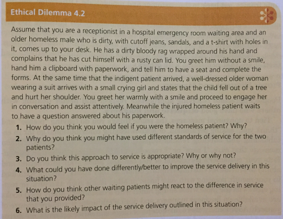 Ethical Dilemma 4.2 Assume that you are a receptionist in a hospital emergency room older homeless male who is dirty, with cu