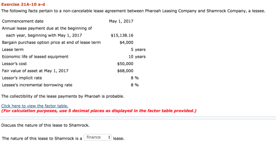 Exercise 21A-10 a-d The following facts pertain to a non-cancelable lease agreement between Pharoah Leasing Company and Shamr