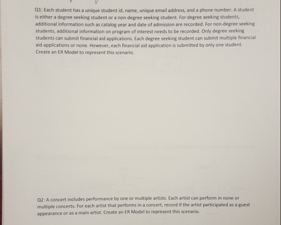 Q1: Each student has a unique student id, name, unique email address, and a phone number. A student is either a degree seeking student or a non-degree seeking student. For degree seeking students, additional information such as catalog year and date of admission are recorded. For non-degree seeking students, additional information on program of interest needs to be recorded. Only degree seeking students can submit financial aid applications. Each degree seeking student can submit multiple financial aid applications or none. However, each financial aid application is submitted by only one student. Create an ER Model to represent this scenario. Q2: A concert includes performance by one or multiple artists. Each artist can perform in none or multiple concerts. For each artist that performs in a concert, record if the artist participated as a guest appearance or as a main artist. Create an ER Model to represent this scenario