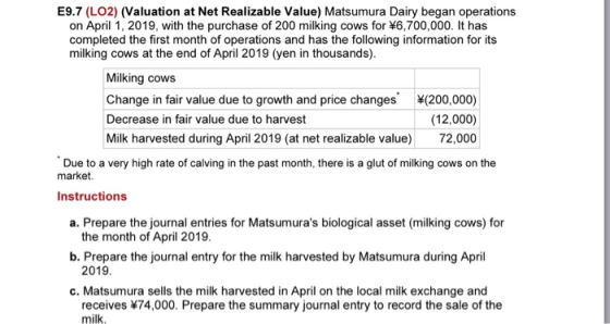 E9.7 (LO2) (Valuation at Net Realizable Value) Matsumura Dairy began operations on April 1, 2019, with the purchase of 200 mi