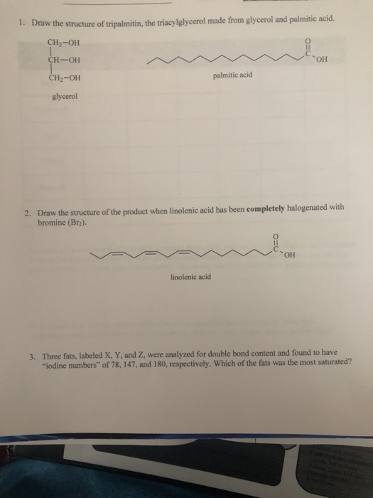 1. Draw the structure of tripalmitin, the triacylglycerol made from glycerol and palmitic acid. CH2-OH CH-OH CH2-OH palmitic