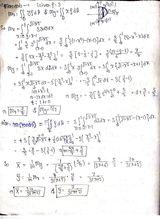 Moments criven:f- 3 1722497) 10.12 Mia ää xfd (ordfx-y=1 So mx yg dp & My = JS 1441-x2)=(x-1)30* of S-XT 3 ydyd) x=0 ý = X-1