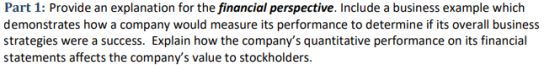Part 1: Provide an explanation for the financial perspective. Include a business example which demonstrates how a company wou