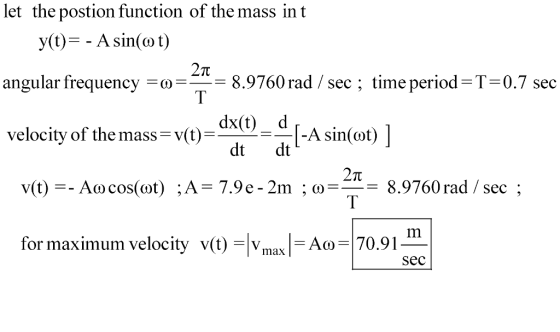 let the postion function of the mass in t y(t)--A sin(ω t) angular frequency-ω 8.9760 rad/ sec; time period-T-0.7 sec velocity of the mass v(t-[-A sin(ot) ] dx(t)_d dt dt 2TT vit)--Aco cos(ot) ;A= 7.9 e-2m ;ω=-= 8.9760 rad / Sec ; for maximum velocity (t)VmaxAo70.91 Sec