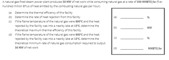 A natural-gas-fired steam power plant produces 50 MW of net work while consuming natural gas at a rate of 500 MMBTU/hr (five-