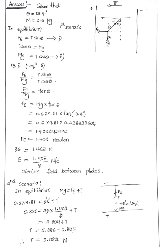 Ansa er-Gruen thử θ 는 13.4。 In equilibnium sstenano Fe Tsino Fe ニtang . Fe=1.40a Neoton E403 N 1. Чоа Electric field betcoeen plates nd ascenario О.GX9.81ニ2-E t T T 5.886-2.804