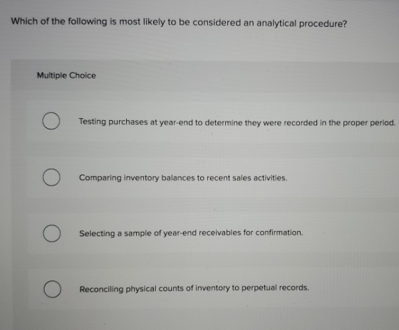 Which of the following is most likely to be considered an analytical procedure? Multiple Choice О O Testing purchases at year