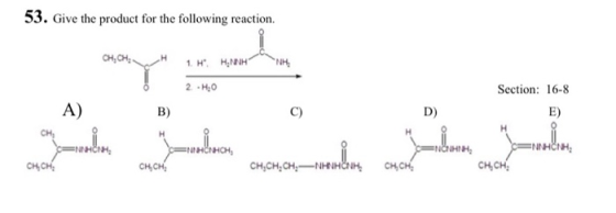 53. Give the product for the following reaction. CH, CH, H 1.HHNHNH © 2-H0 Section: 16-8 B) E) H СА HHH. = |1HCH, ENCNHH I cң