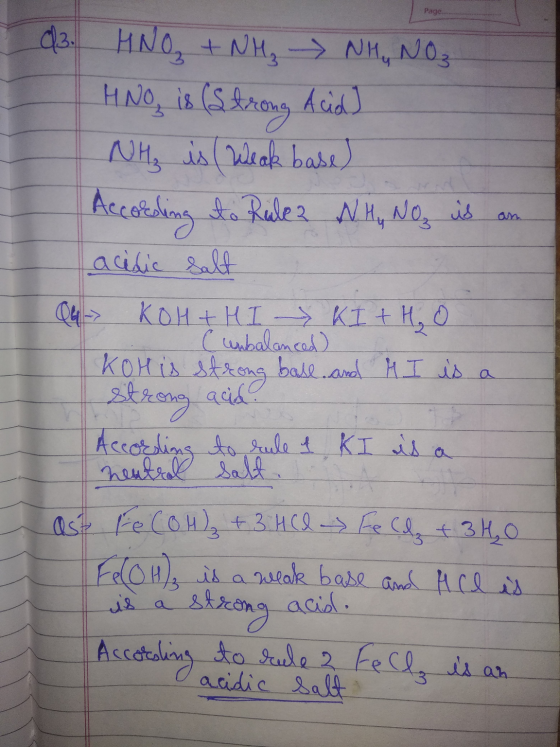 Page. d3 KNO₂ + NH₃NHNO₃ HNO, is (Strong acid] | NH₂ is (weak base) According to Rule 2 NH₂ Noz is an Qu> KOH+HIKI+H₂O Cunbal
