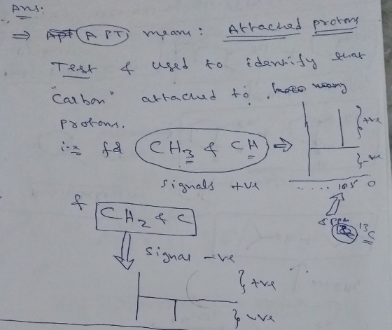 Ans. Apt APT mean: Attached protons Test & used to identify that Carbon attached to hold nomy Protours. i fa CHz & CH) O sig