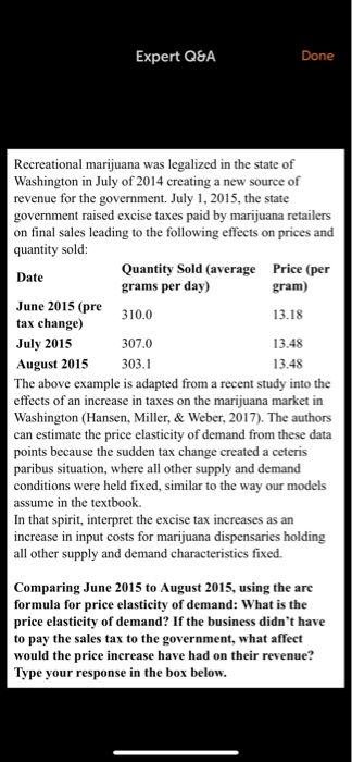 Expert Q&A Done al marijuana was legalized in the state of Washington in July of 2014 creating a new source of revenue for the government. July 1, 2015, the state government raised excise taxes paid by marijuana retailers on final sales leading to the following effects on prices and quantity sold: Quantity Sold (average grams per day) Price (per gram) 13.18 13.48 13.48 Date June 2015 (pe 310.0 tax change) July 2015 August 2015 303.1 The above example is adapted from a recent study into the effects of an increase in taxes on the marijuana Washington (Hansen, Miller, & Weber, 2017). The authors can estimate the price elasticity of demand from these data points because the sudden tax change created a ceteris paribus situation, where all other supply and demand conditions were held fixed, similar to the way our models assume in the textbook In that spirit, interpret the excise tax increases as an increase in input costs for marijuana dispensaries holding all other supply and demand characteristics fixed. 307.0 market in Comparing June 2015 to August 2015, using the are formula for price elasticity of demand: What is the price elasticity of demand? If the business didnt have to pay the sales tax to the government, what affect would the price increase have had on their revenue? Type your response in the box below.