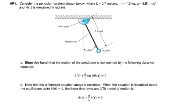 AP1. Consider the pendulum system shown below, where L = 0.7 meters, m = 1.5 kg, g = 9.81 m/s and e(t) is measured in radians