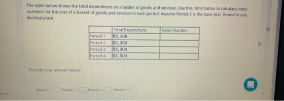 The table below shows the total expenditure on a basket of goods and services. Use this information to calculate index number