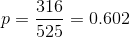 p=\frac{316}{525}=0.602