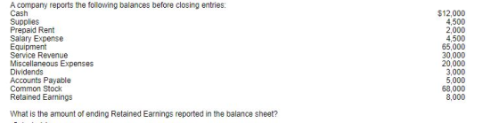 A company reports the following balances before closing entries: Cash Supplies Prepaid Rent Salary Expense Equipment Service