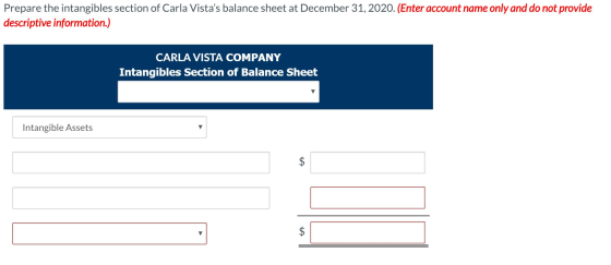Prepare the intangibles section of Carla Vistas balance sheet at December 31, 2020. (Enter account name only and do not prov