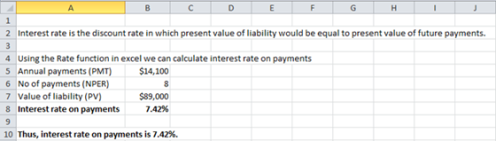 А E G H 1 2 Interest rate is the discount rate in which present value of liability would be equal to present value of future