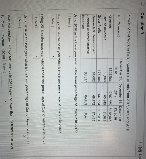 Question 3 2.54t Hom Below is part of Workiva Inc.s income statements from 2016, 2017, and 2018 December 31, December 31, De