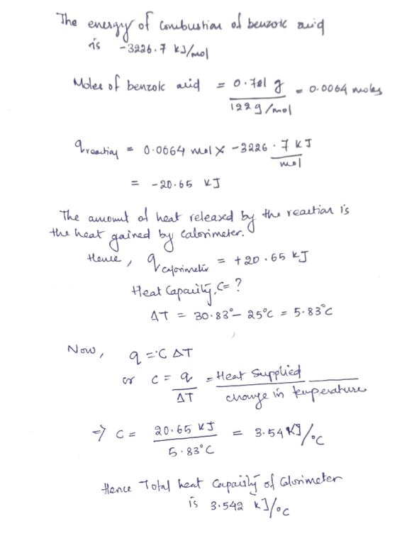 The energy of combustion of benzoic and ris -3226.7 kJ/mol Moles of benzoic acid = 0.781 g 0.0064 maskas B 122g/mol Creation