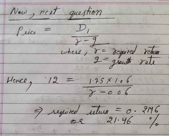 Now , next question Di 2-9 where, &= EPP g - required growth relun rale Hence, 12 = 1.758 1.06 -0.06 return = 0.2146 21:46 %