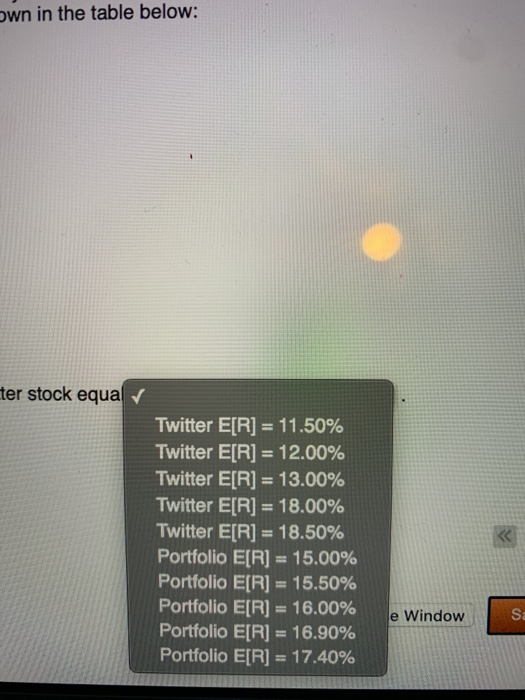 own in the table below: ter stock equal Twitter E[R] = 11.50% Twitter E[R] = 12.00% Twitter E[R] = 13.00% Twitter E[R] = 18.0