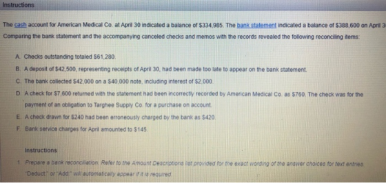 Instructions The cash account for American Medical Co. at April 30 indicated a balance of $334.985. The bank statement indica