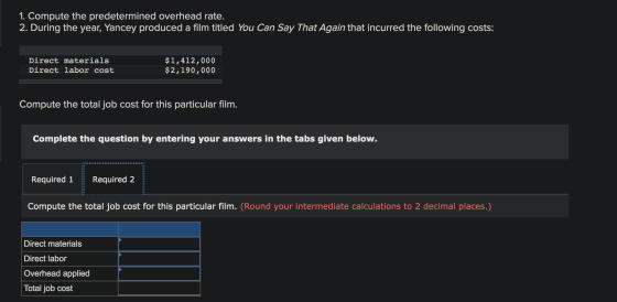1. Compute the predetermined overhead rate. 2. During the year, Yancey produced a film titled You Can Say That Again that inc