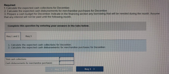 Required: 1. Calculate the expected cash collections for December 2. Calculate the expected cash disbursements for merchandis