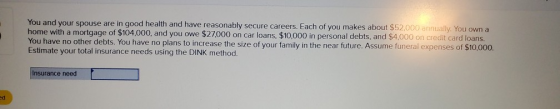You and your spouse are in good health and have reasonably secure careers. Each of you makes about $52,000 annually. You own