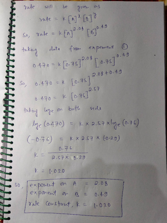 & rate will be given as rate = k[A]* [3] 22.08+0.49 2.57 taking data from expement 0 0.470 = *[0.75] 2.0 % [ 045] E So, 0.470
